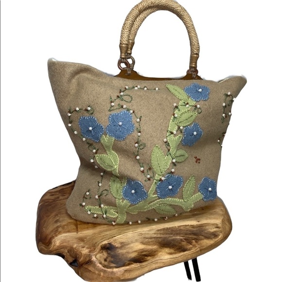 Vintage Handbags - VINTAGE Handmade Wool Top Handle Tote Handbag Embroidered Detail